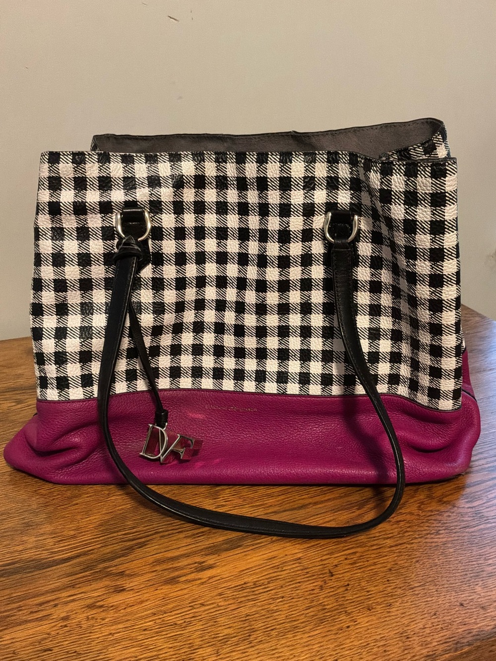 Diane Von Furstenberg Black & White Gingham Tote with Fuchsia Base